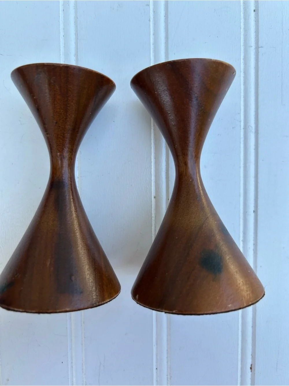 Vintage Candle Holders Mid-Century Modern Brown Wooden Hourglass Lot of Two 4”